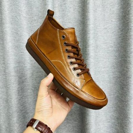 秋季高帮马皮固特异商务复古做旧乐福鞋系带一脚蹬男士休闲鞋