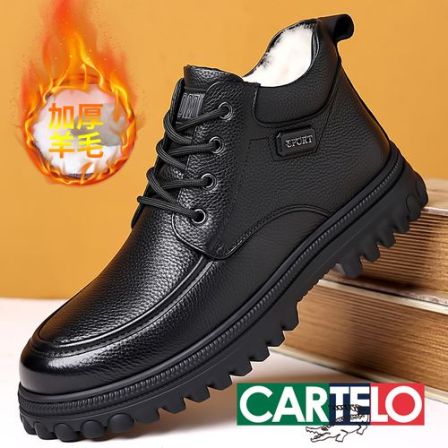CARTELO/卡帝乐鳄鱼男士中帮皮鞋加绒加厚棉鞋保暖冬季