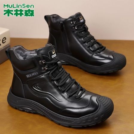 木林森头层牛皮冬季棉鞋男加厚羊皮毛一体户外保暖防滑厚底雪地靴