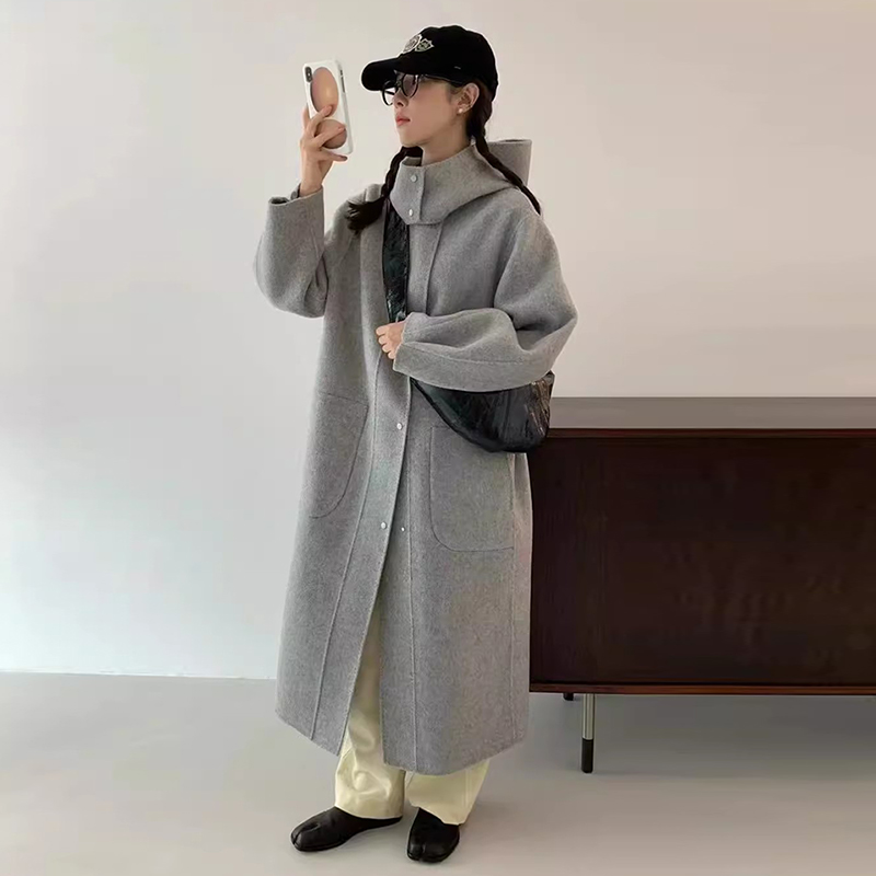 韩国chic秋冬法式慵懒风宽松休闲双口袋中长款双面羊绒大衣外套女主图