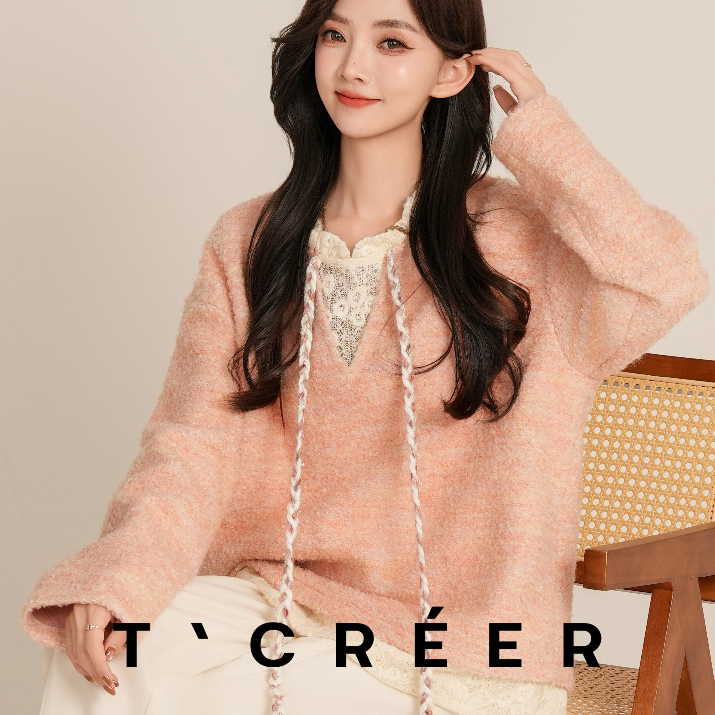 T`CREER｜【悠漫公式】秋季温柔设计感花边拼接长袖上衣女主图