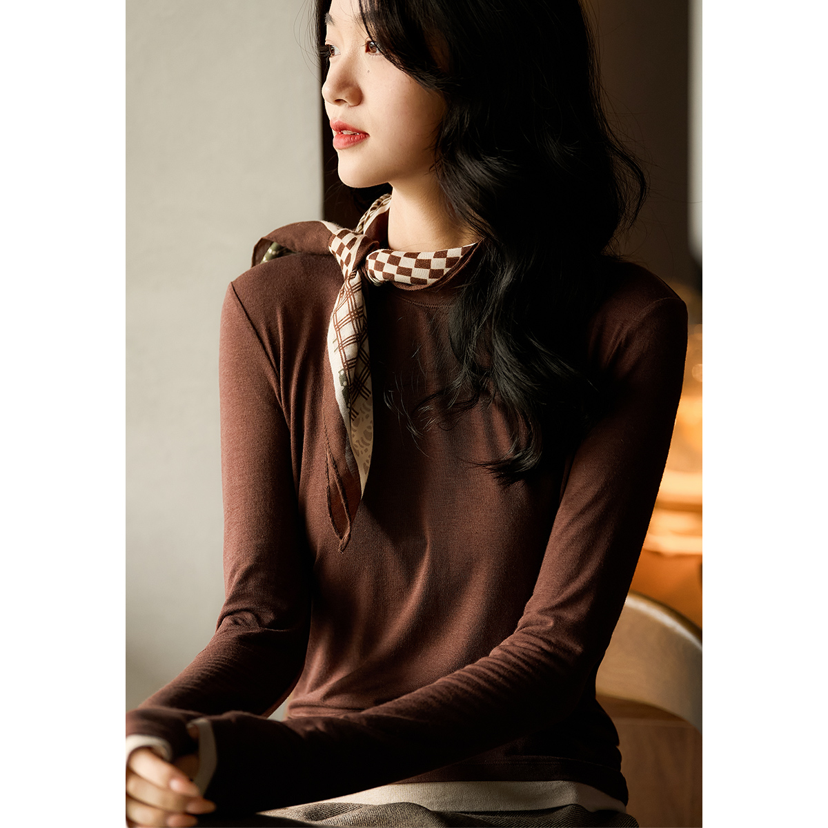 小雪自留【叠色交响】棉混纺绵羊毛拼色圆领长袖T恤5色秋冬打底主图