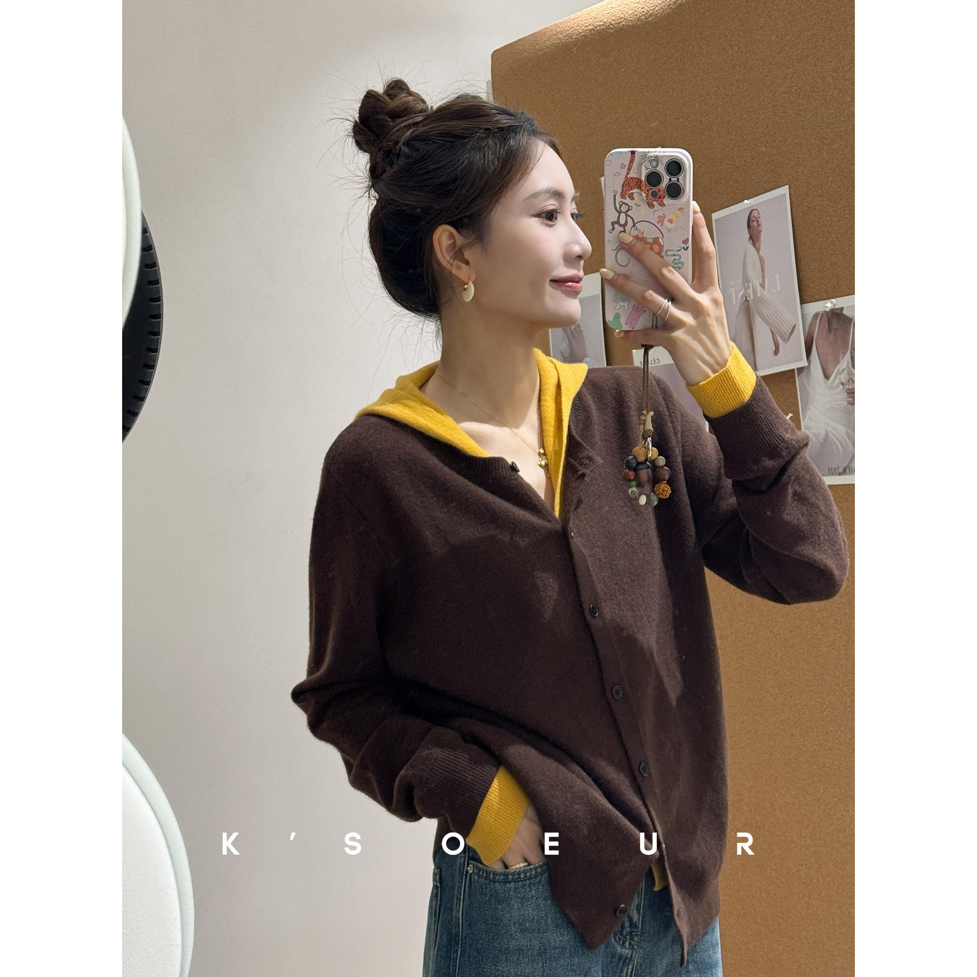 K姐KSOEUR【拼色连帽衫】撞色连帽 松弛感减龄 羊毛针织开衫主图