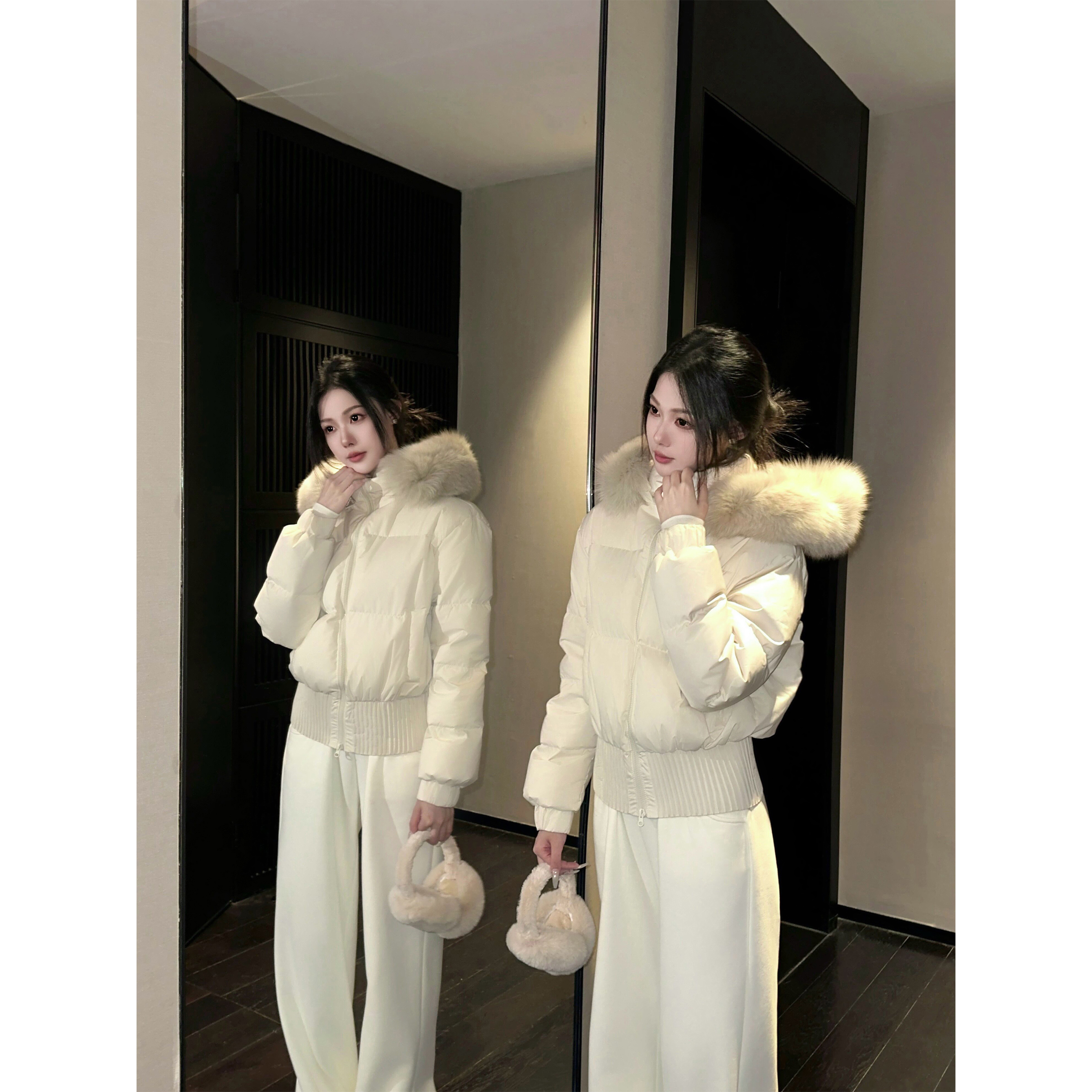 5werkwen 收腰小暖包|好比例 连帽毛领90白鸭绒收腰羽绒服外套主图