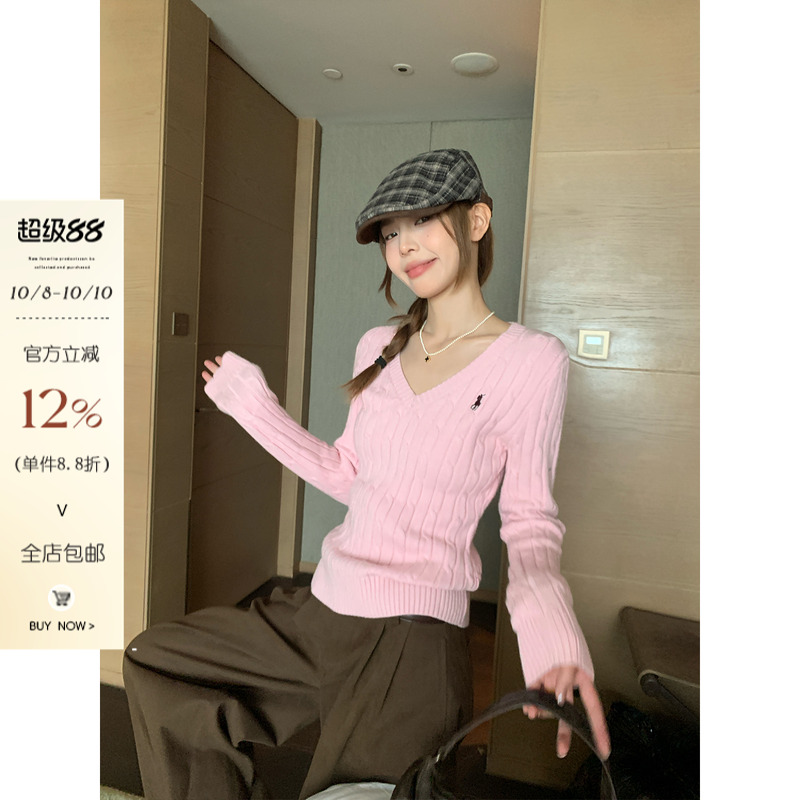 宋正恩粉色v领长袖针织衫女秋季韩系巨好看韩系修身内搭毛衣上衣主图