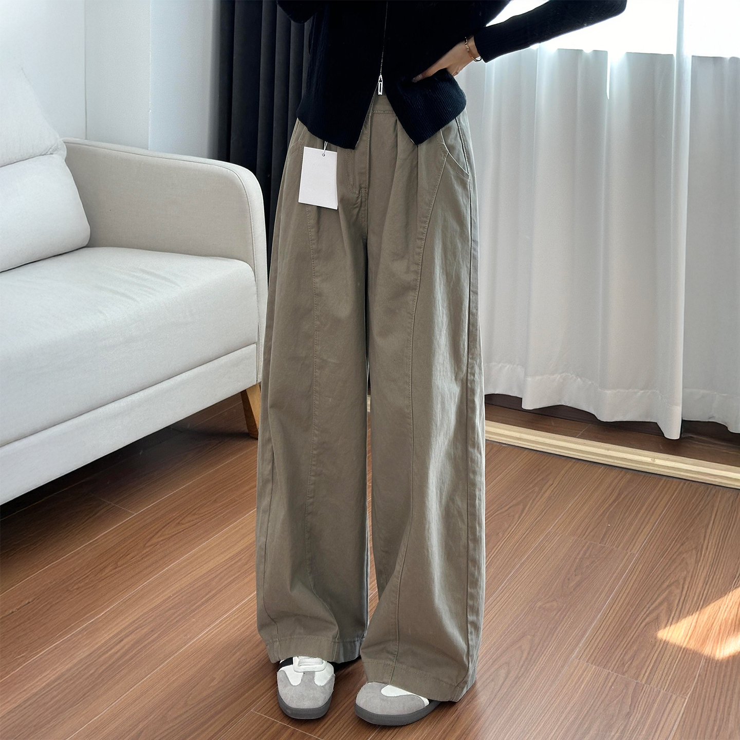 美式卡其色工装休闲裤女秋季新款大码胖mm高腰宽松显瘦阔腿弯刀裤主图