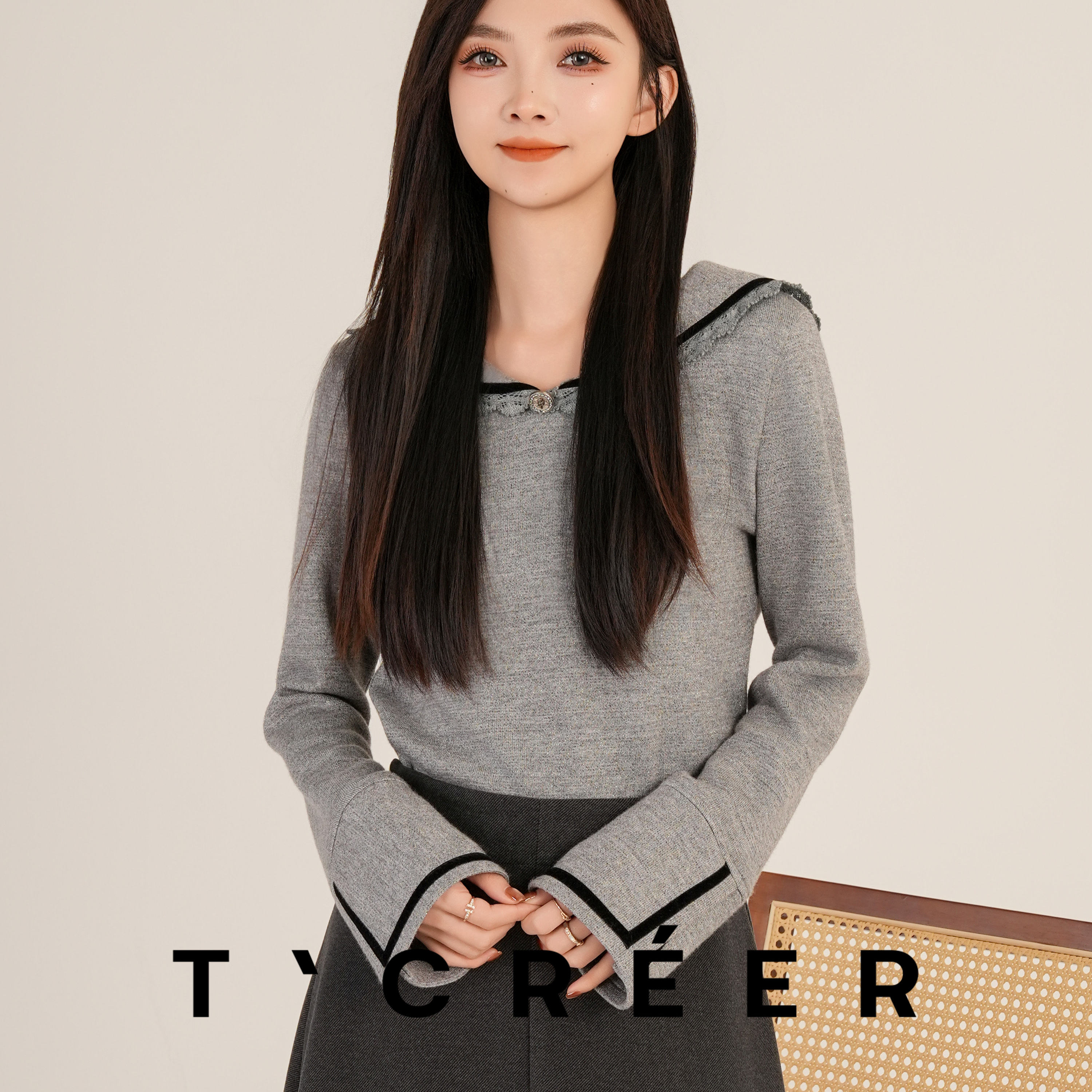 T`CREER｜【漫隐时光】格雷系海军领修身内搭上衣女主图