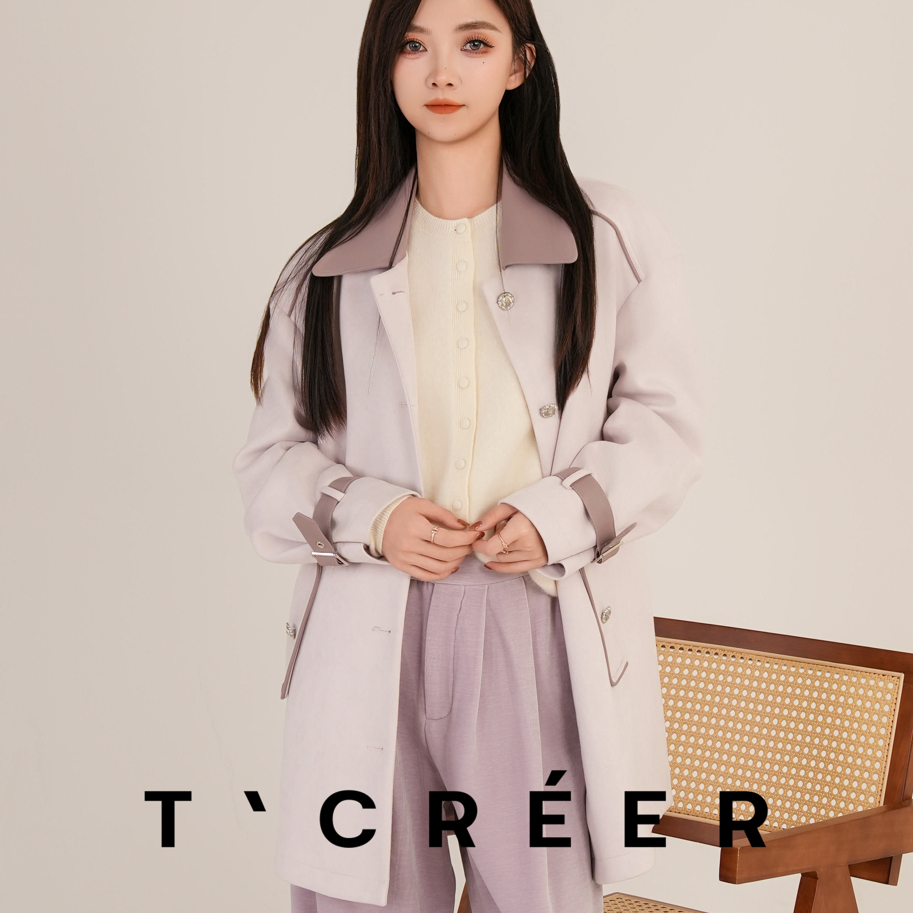 T`CREER｜【岚溪花信】韩系时尚设计撞色翻领中长款外套女主图
