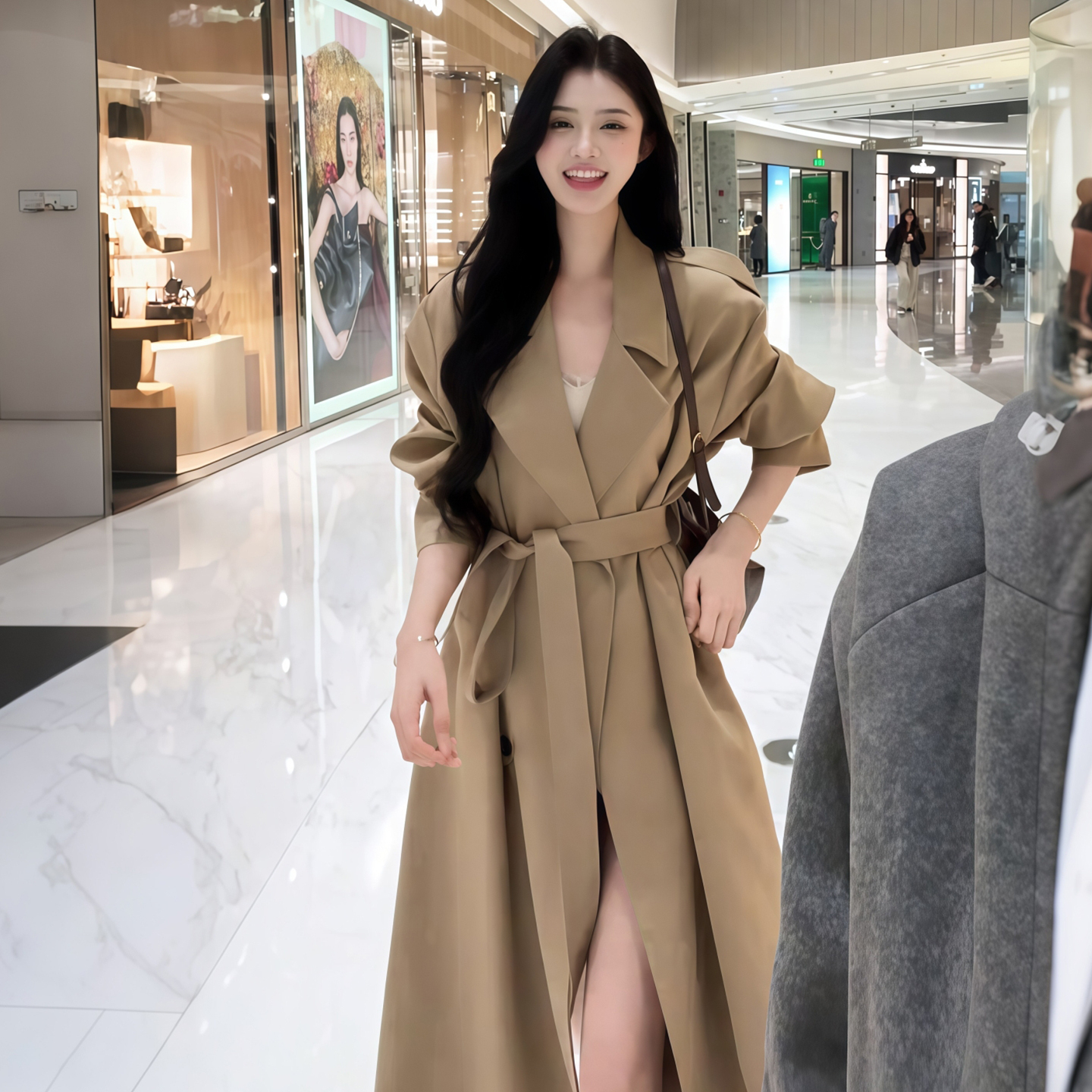 卡其色风衣外套女中长款2025秋季新款韩系收腰气质正肩小个子大衣主图