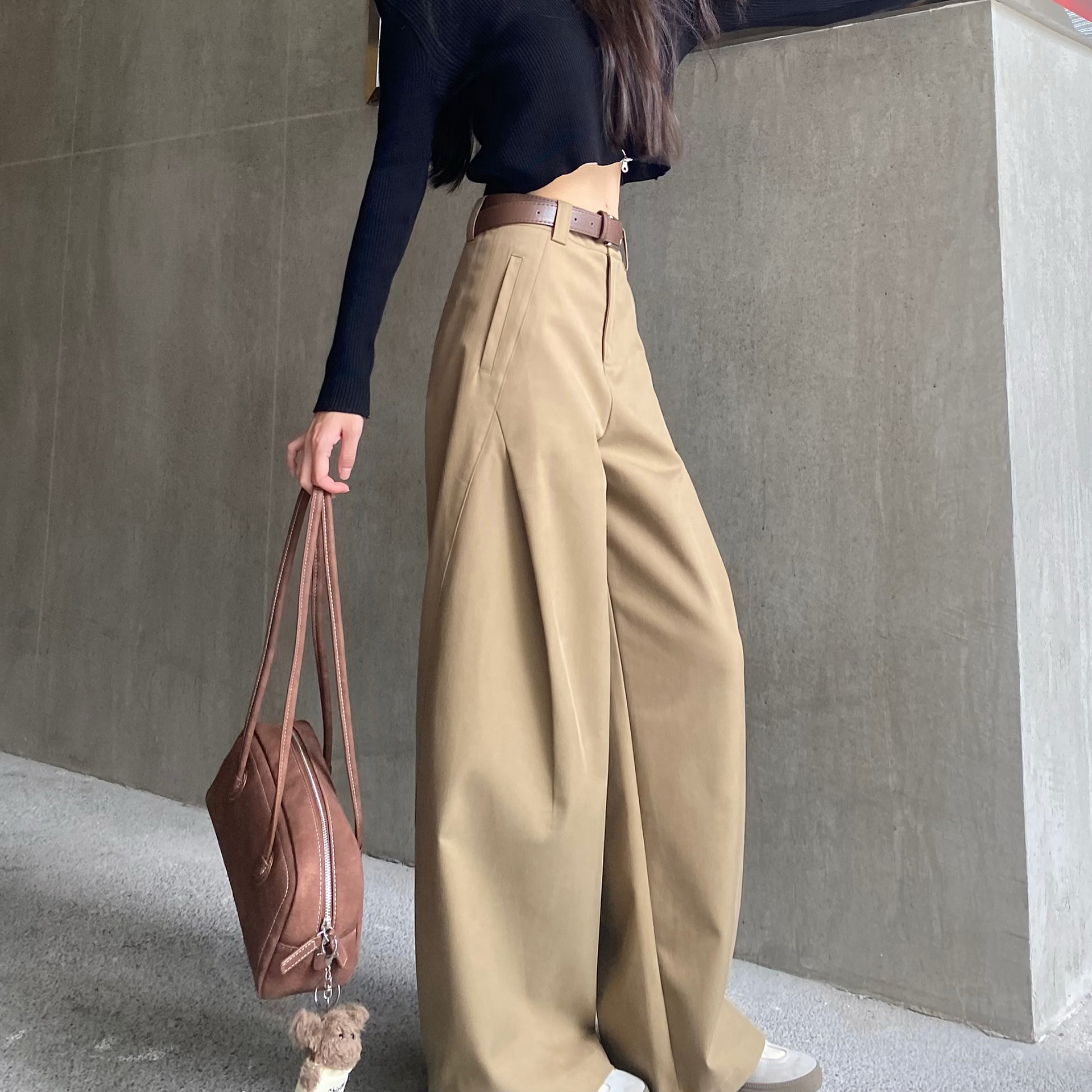 2025秋季新款卡其棕色直筒阔腿裤女高级感拖地休闲窄版西装裤春冬主图