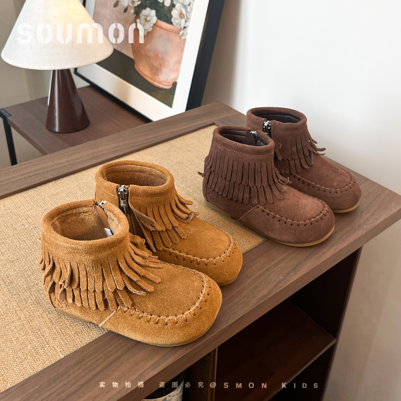 书萌女童短靴秋冬新款女孩流苏公主皮靴儿童加绒保暖宝宝二棉靴子主图