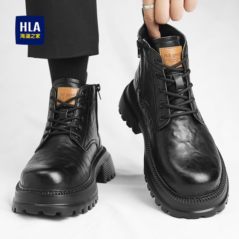 海澜之家马丁靴男2025新款冬季加绒英伦风黑色男士厚底机车工装靴主图
