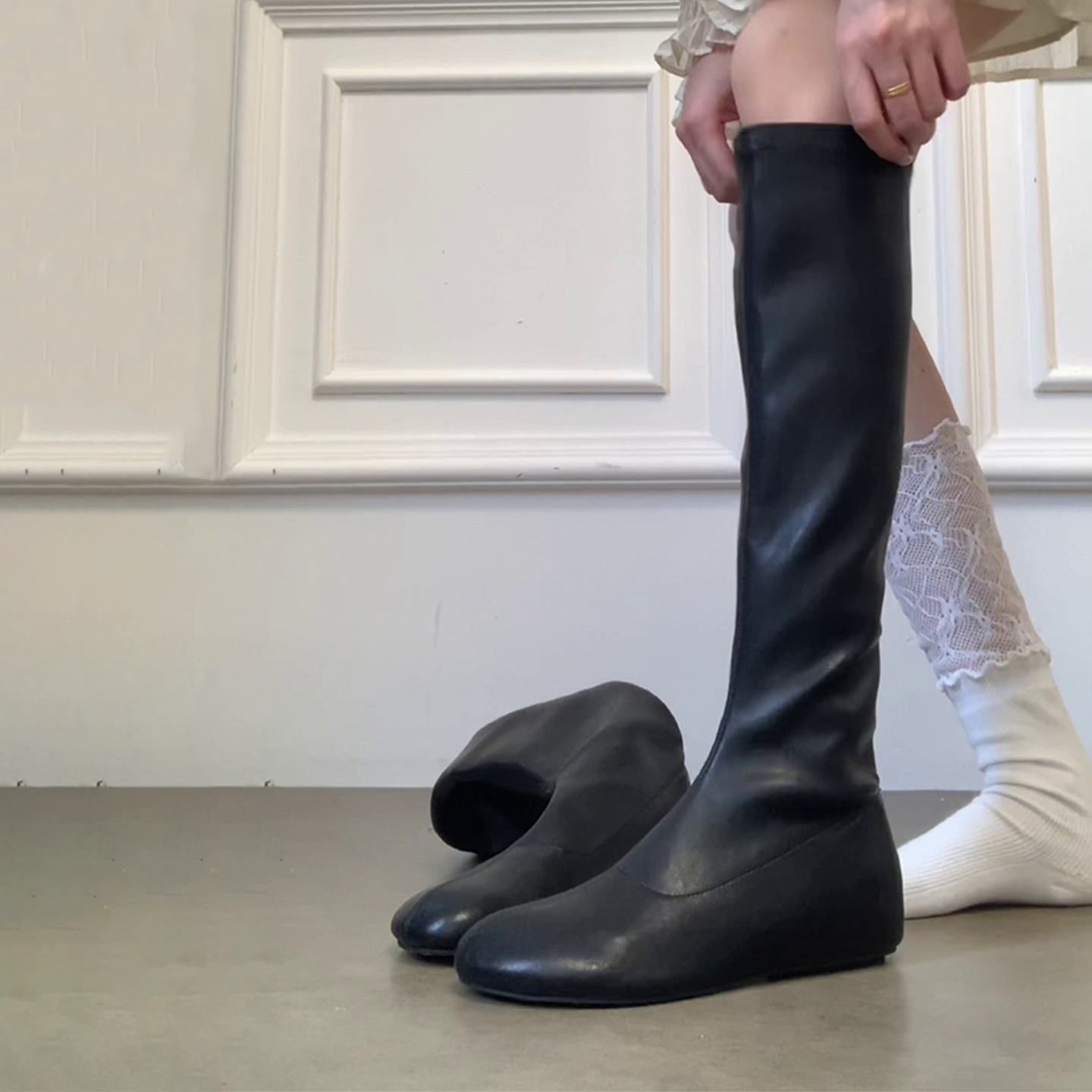 羊皮版~欧美圆头高筒显瘦简约设计百搭时尚内增高褶皱靴秋季长靴主图