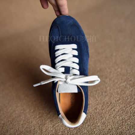 何其丑 磨砂牛皮蓝色休闲鞋女德训鞋 真皮平板鞋2025新款平跟女鞋