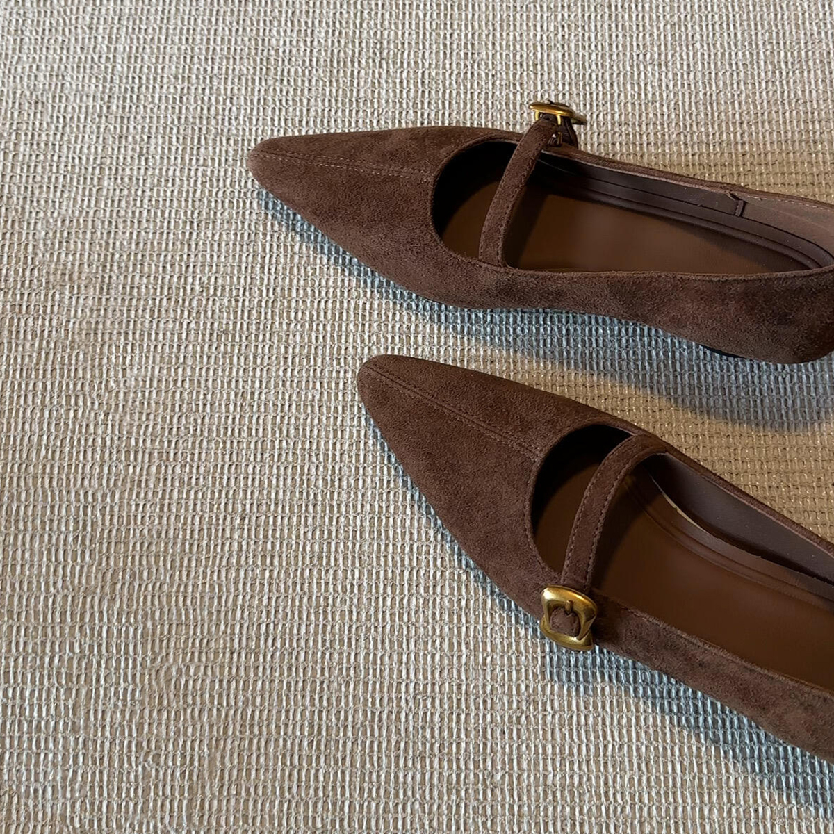 牛皮版~复古棕色简约粗跟单鞋女一字带磨砂皮尖头浅口软底工作鞋主图