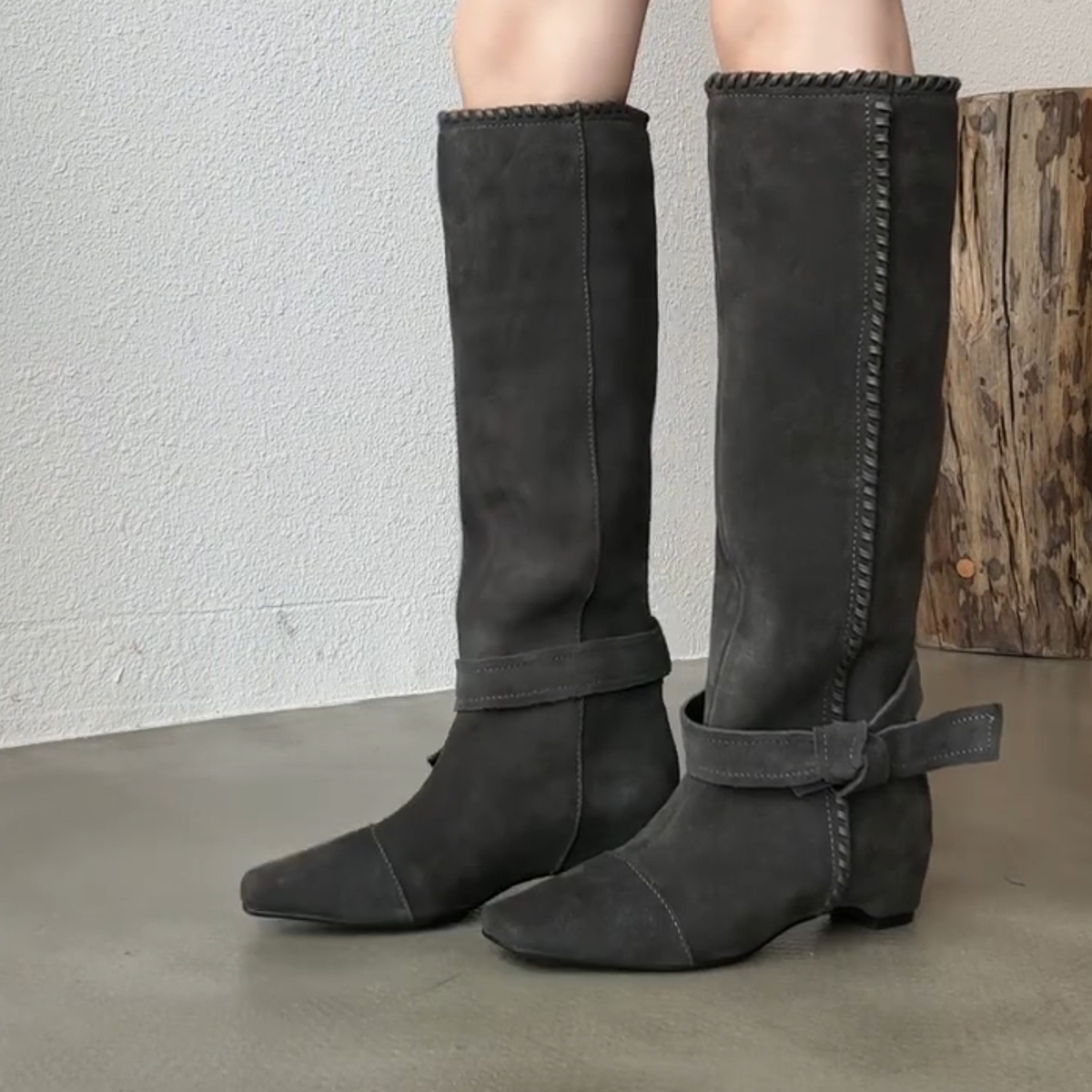 牛皮版~小众高级感磨砂皮宽筒遮肉骑士靴女内增高绑带方头西部靴主图