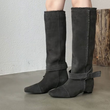 牛皮版~小众高级感磨砂皮宽筒遮肉骑士靴女内增高绑带方头西部靴