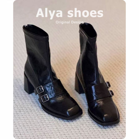 羊皮版~粗高跟短靴女秋冬新款皮带扣气质弹力靴方头百搭瘦瘦靴子