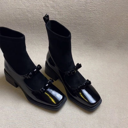 牛皮版~方头复古蝴蝶结弹力瘦瘦靴拼接玛丽珍袜靴显瘦粗跟短靴女