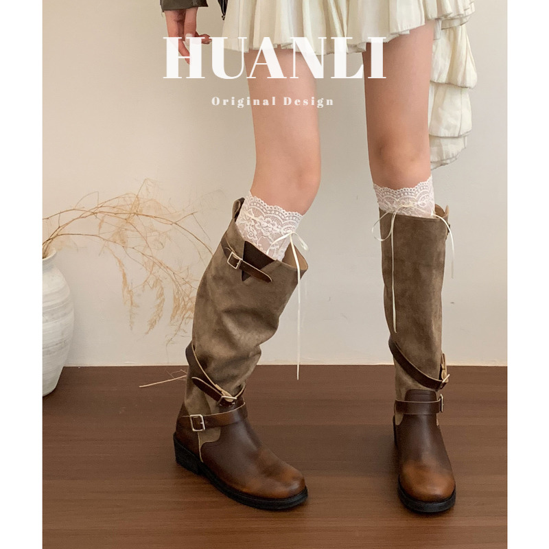 "重磅骑士靴"复古做旧擦色褶皱长靴女秋粗跟皮带扣长筒机车堆堆靴主图
