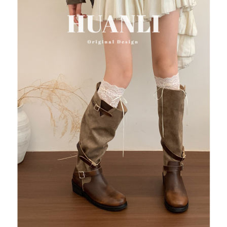 "重磅骑士靴"复古做旧擦色褶皱长靴女秋粗跟皮带扣长筒机车堆堆靴