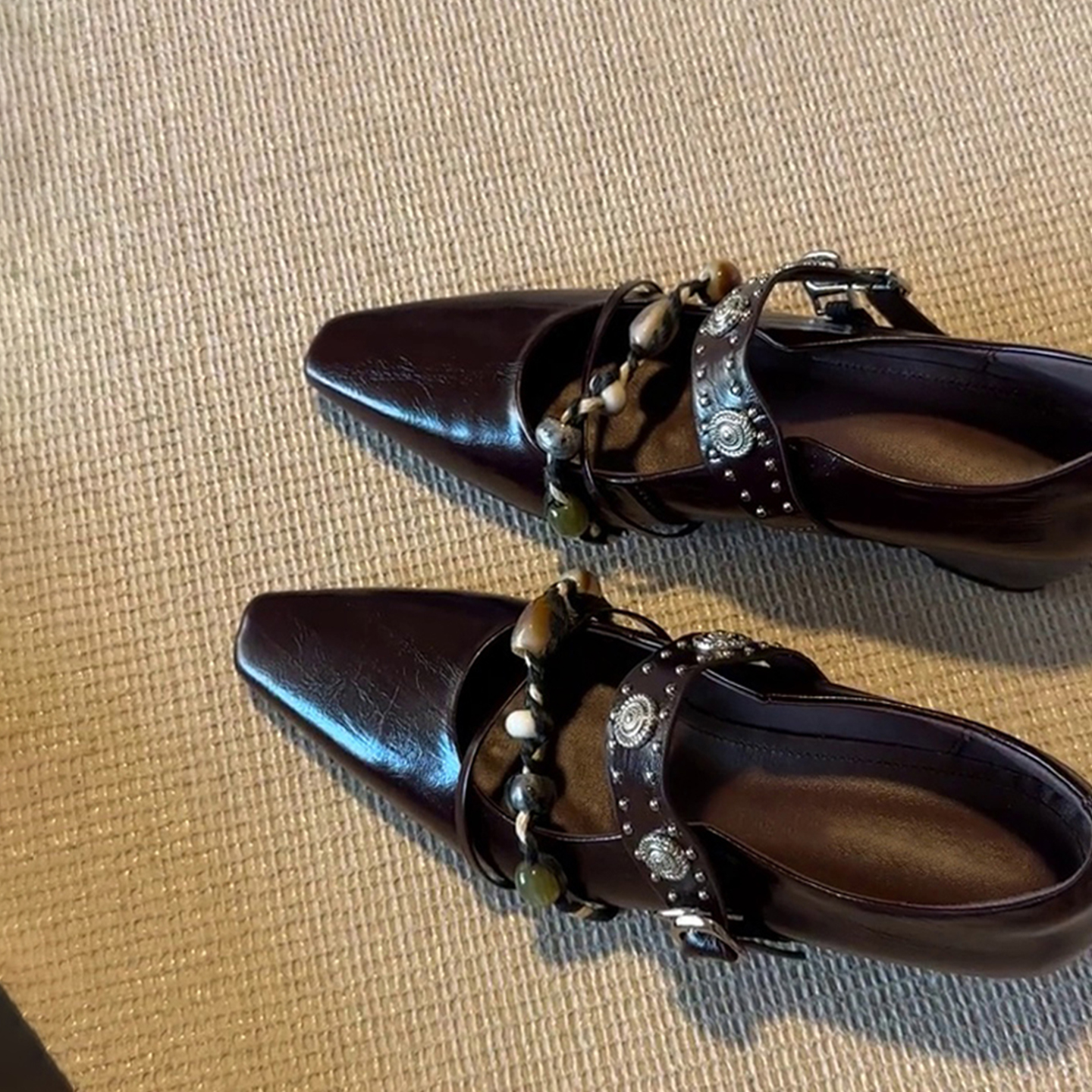 羊皮版~复古风铆钉串珠方头内增高玛丽珍鞋女浅口一字带气质单鞋主图