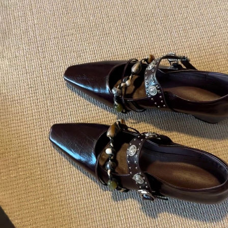 羊皮版~复古风铆钉串珠方头内增高玛丽珍鞋女浅口一字带气质单鞋