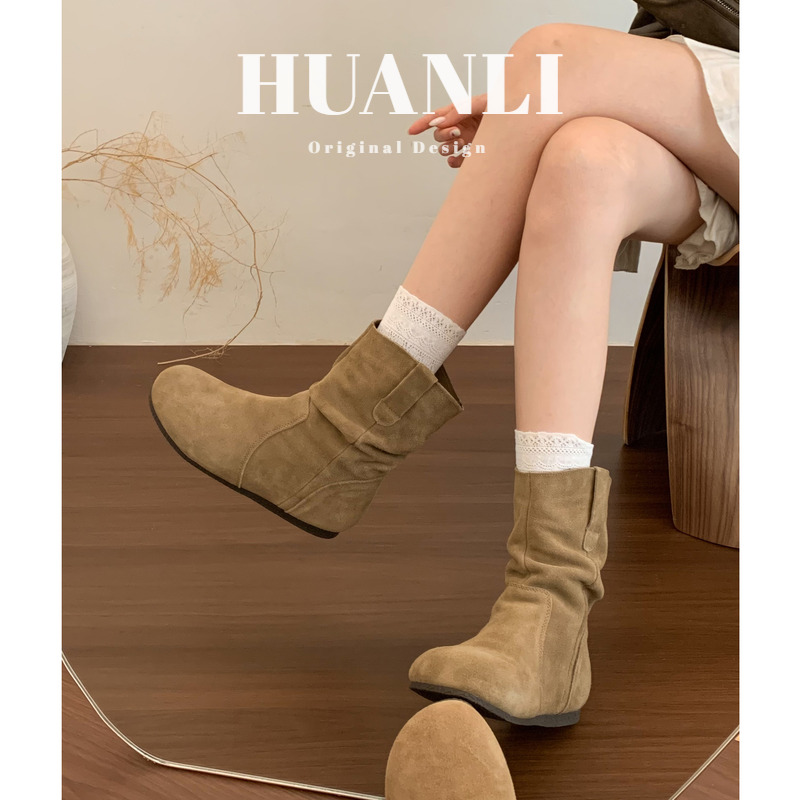"秋日松果"真皮内增高勃肯靴女秋冬软底堆堆靴复古森系美拉德短靴主图