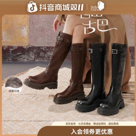 【百丽集团百思图】流光风25冬季新款骑士靴潮流粗跟女长靴F2021DG5