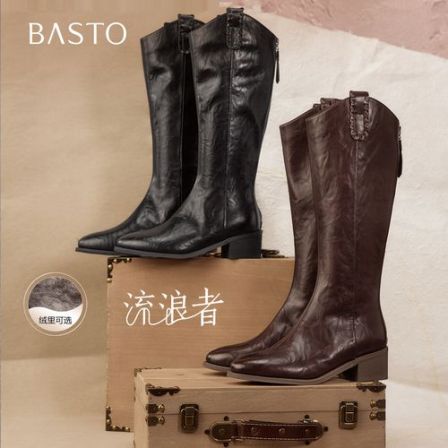 【董璇同款】百思图2025商场同款琥珀流光时尚粗跟女长靴F3018DG5