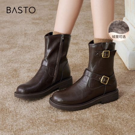 百思图2024冬季新款简约复古运动西部靴粗跟圆头女短靴W2551DZ4
