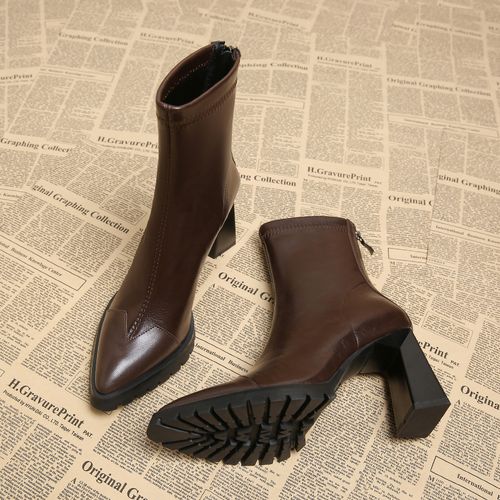 女款秋冬加绒裸靴小个子增高棕色厚底羊皮短靴尖头法式真皮瘦瘦靴主图