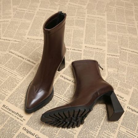 女款秋冬加绒裸靴小个子增高棕色厚底羊皮短靴尖头法式真皮瘦瘦靴