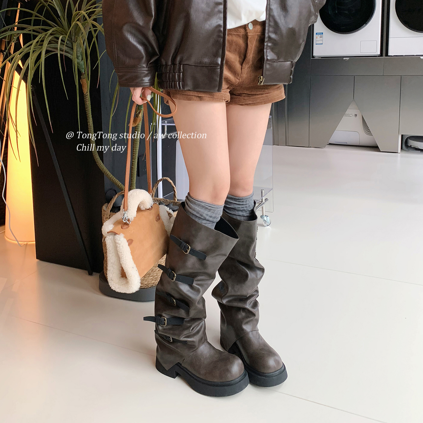 潼潼TONG裤管堆堆靴皮带扣厚底骑士靴女秋冬新款增高显瘦长靴子主图