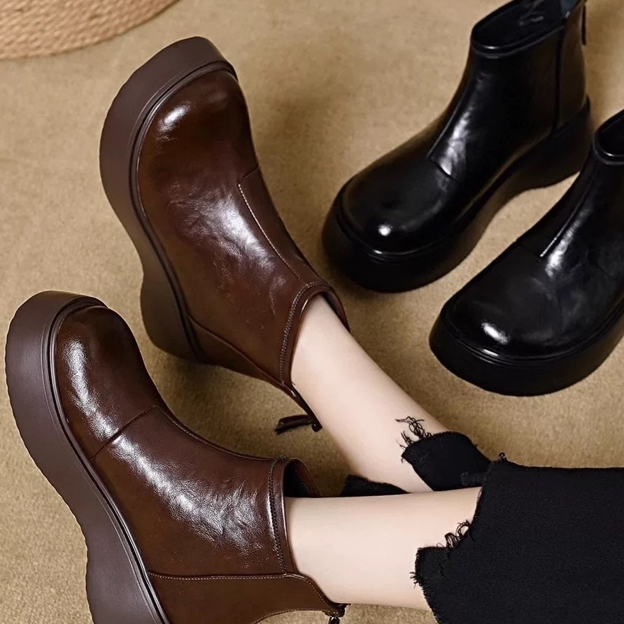 真皮厚底短靴女2025年秋冬新款圆头松糕底复古百搭小个子女靴加绒主图