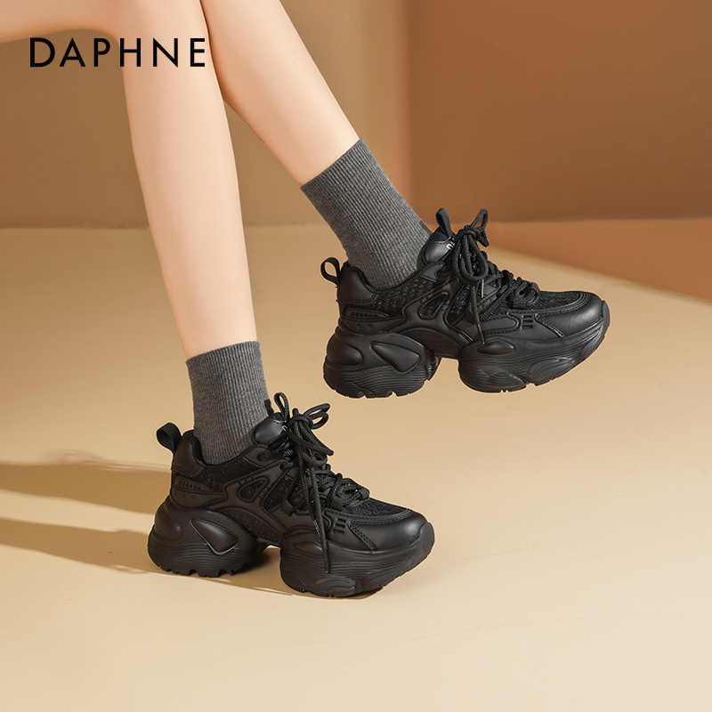 达芙妮黑色老爹鞋女款2025新款秋季网面百搭休闲鞋厚底增高运动鞋主图