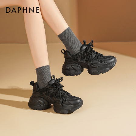 达芙妮黑色老爹鞋女款2025新款秋季网面百搭休闲鞋厚底增高运动鞋