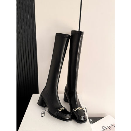 MISS DDLL秋日香槟~法式小香风金属链条瘦瘦靴女粗跟高筒弹力长靴