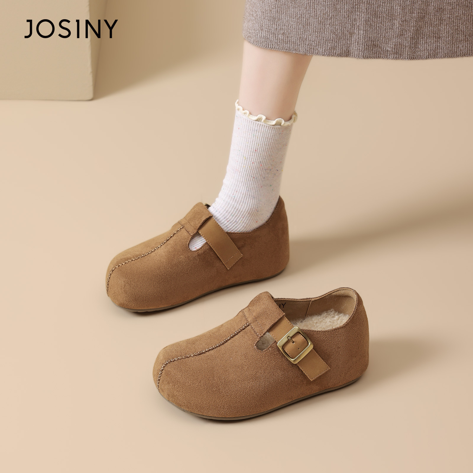 卓诗尼勃肯鞋女2025新秋冬加绒厚底保暖棉鞋一脚蹬全包外穿豆豆鞋主图