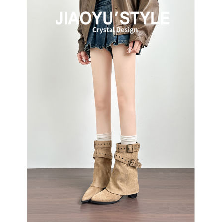 真皮~骄屿皮带扣尖头裤筒靴2025秋冬新款高跟短靴复古显瘦马丁靴