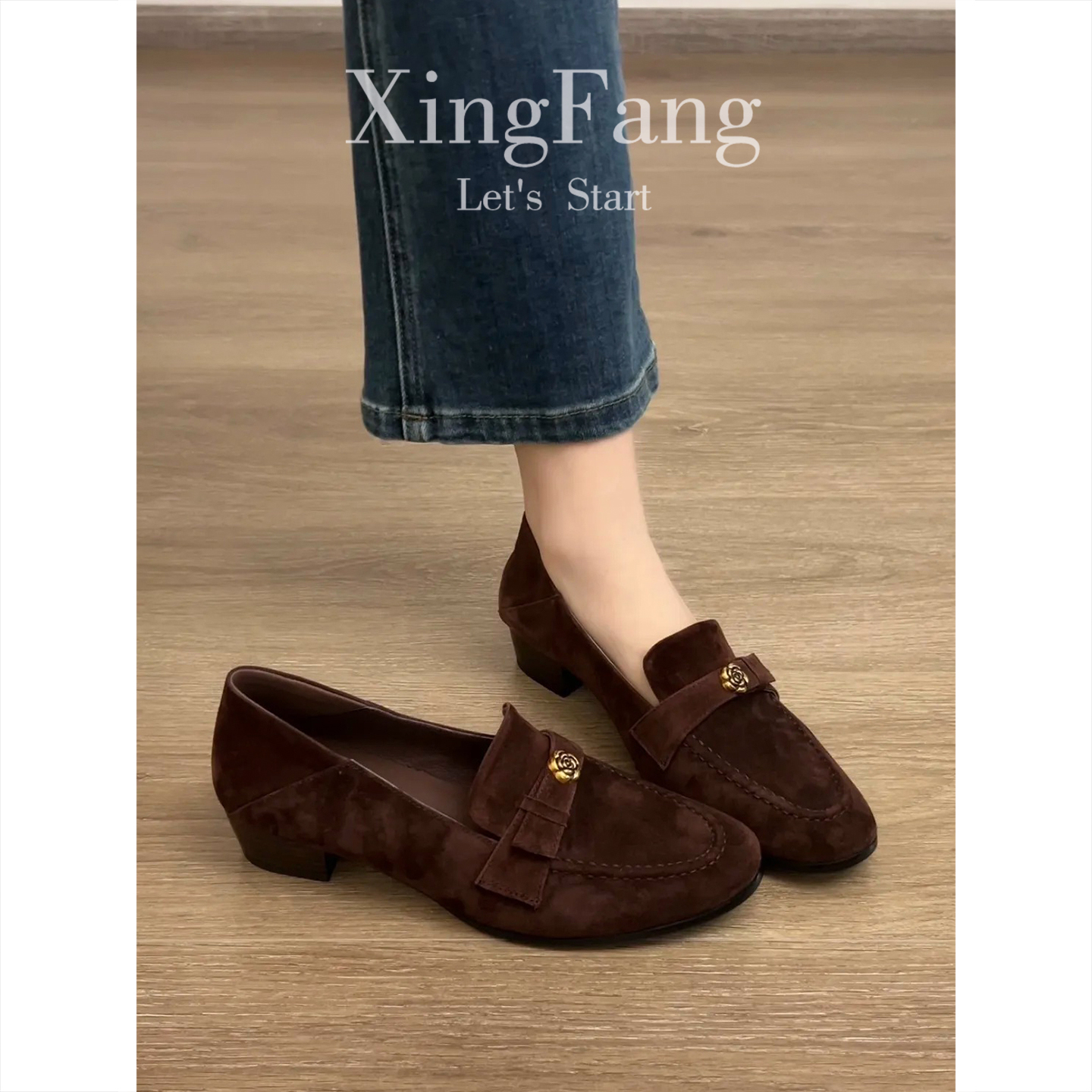 牛皮版~法式复古粗跟乐福鞋女新款百搭英伦风一脚蹬圆头气质单鞋主图