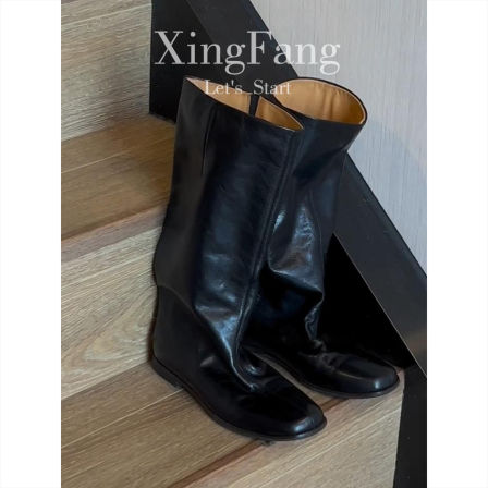 牛皮版~复古方头不过膝高筒骑士靴女新款真皮平底显瘦长筒堆堆靴