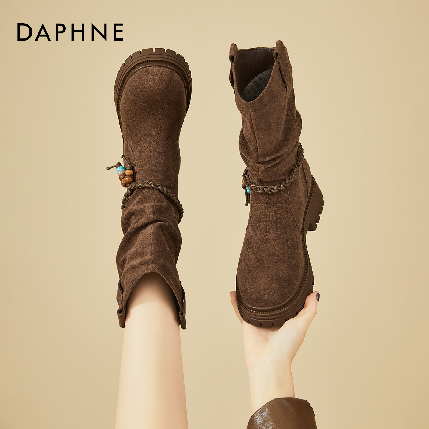 达芙妮厚底马丁靴女款2025新款冬季中筒堆堆靴加绒瘦瘦短靴西部靴主图