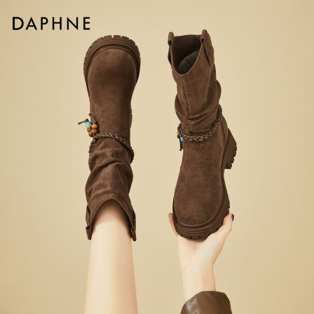 达芙妮厚底马丁靴女款2025新款冬季中筒堆堆靴加绒瘦瘦短靴西部靴