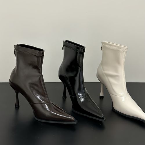 2025秋冬新款欧美范尖头细跟加绒短靴女流光风棕色高跟显瘦中筒靴主图