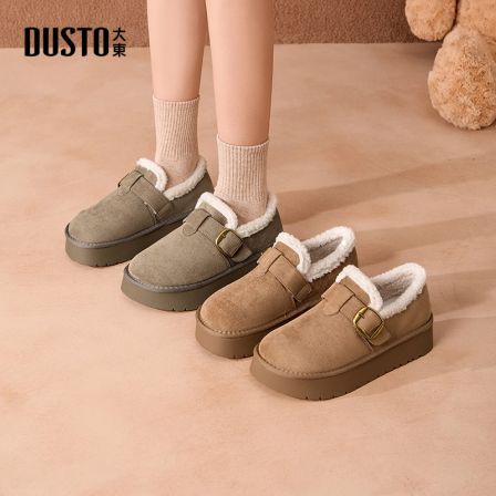 大东女鞋秋冬季加绒保暖雪地靴厚底短筒魔术贴棕色复古短靴女0721