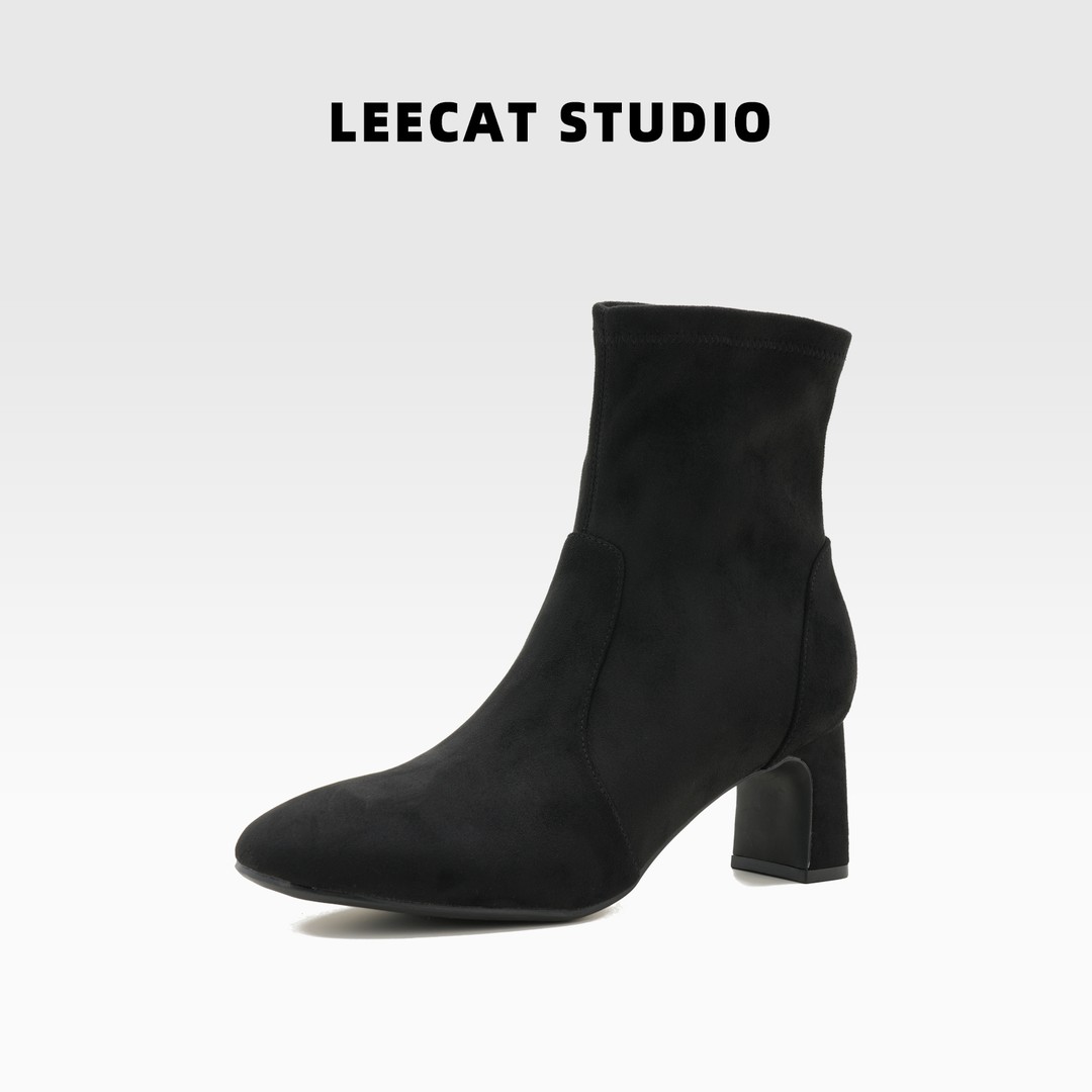LeeCat Studio黑色粗跟短靴秋冬女款新款百搭时尚增高弹力靴主图