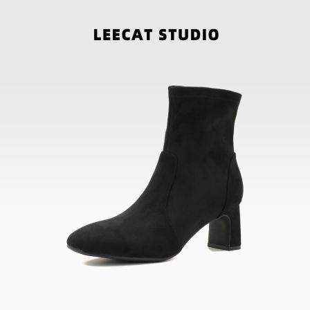 LeeCat Studio黑色粗跟短靴秋冬女款新款百搭时尚增高弹力靴