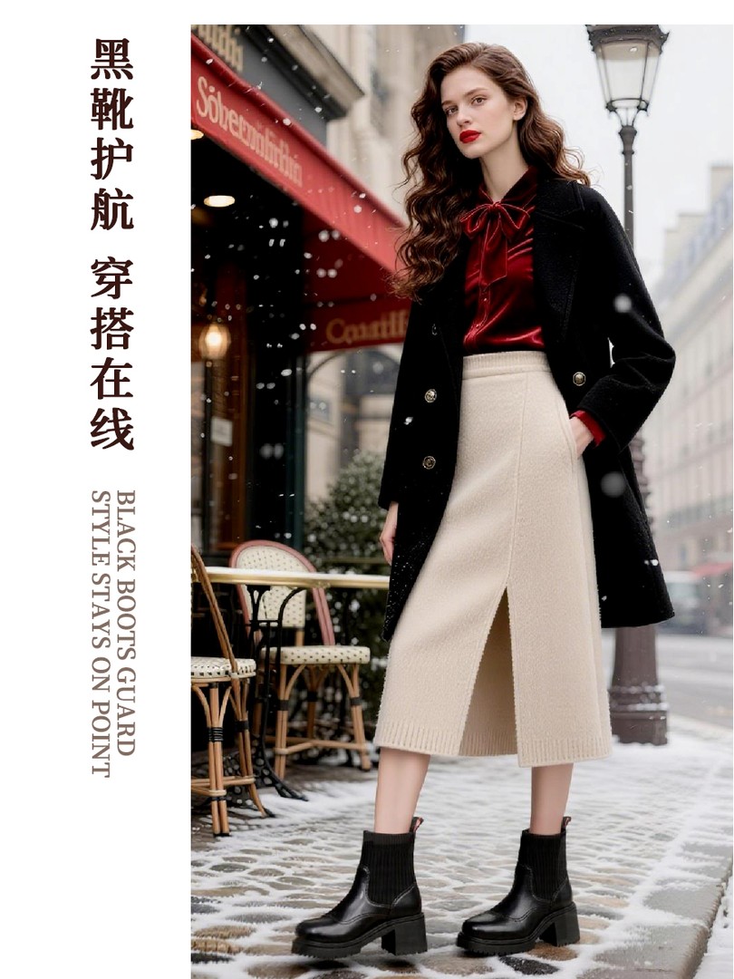 【千屿Sheila】真皮高跟短靴不累脚时装靴女新款切尔西弹力马丁靴主图