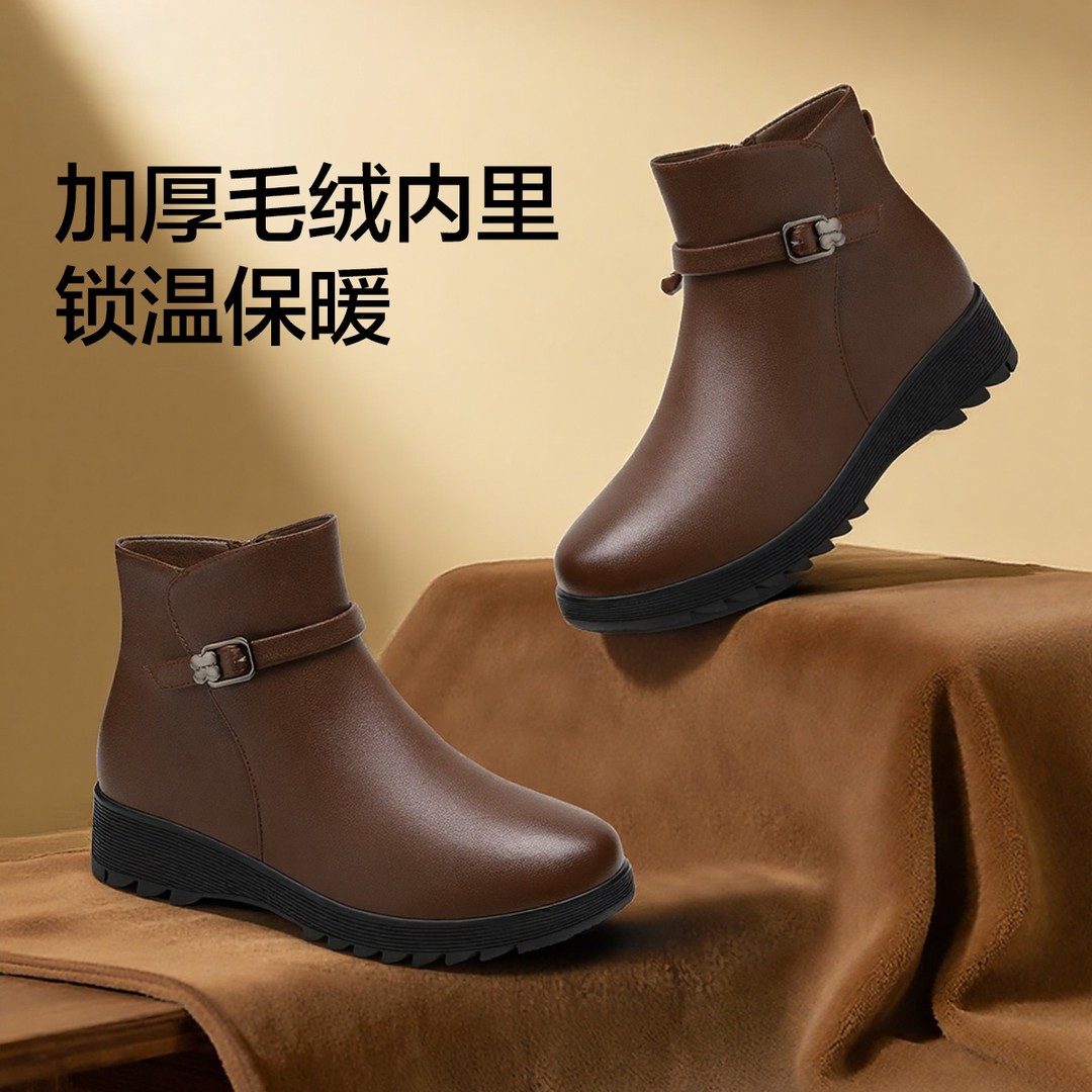 足力健活力旗舰店冬季加绒保暖防滑软底棉鞋中高帮短靴妈妈女靴子主图